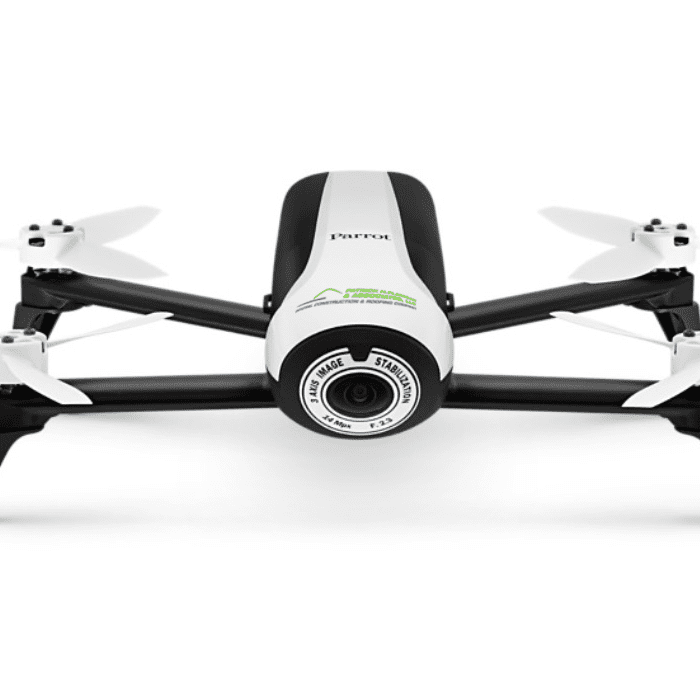 A white and black parrot drone with a camera on top of it.