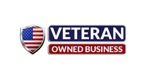 A veteran owned business logo with an american flag on it.