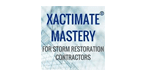 A blue and white logo for xactimate mastery